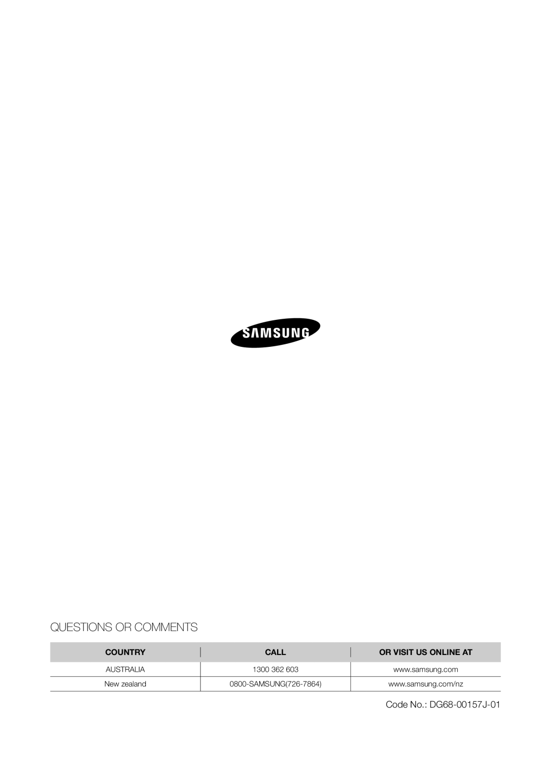 Samsung BF641 Series user manual Questions Or Comments, Country, Call, Or Visit Us Online At, Australia, 1300, New zealand 