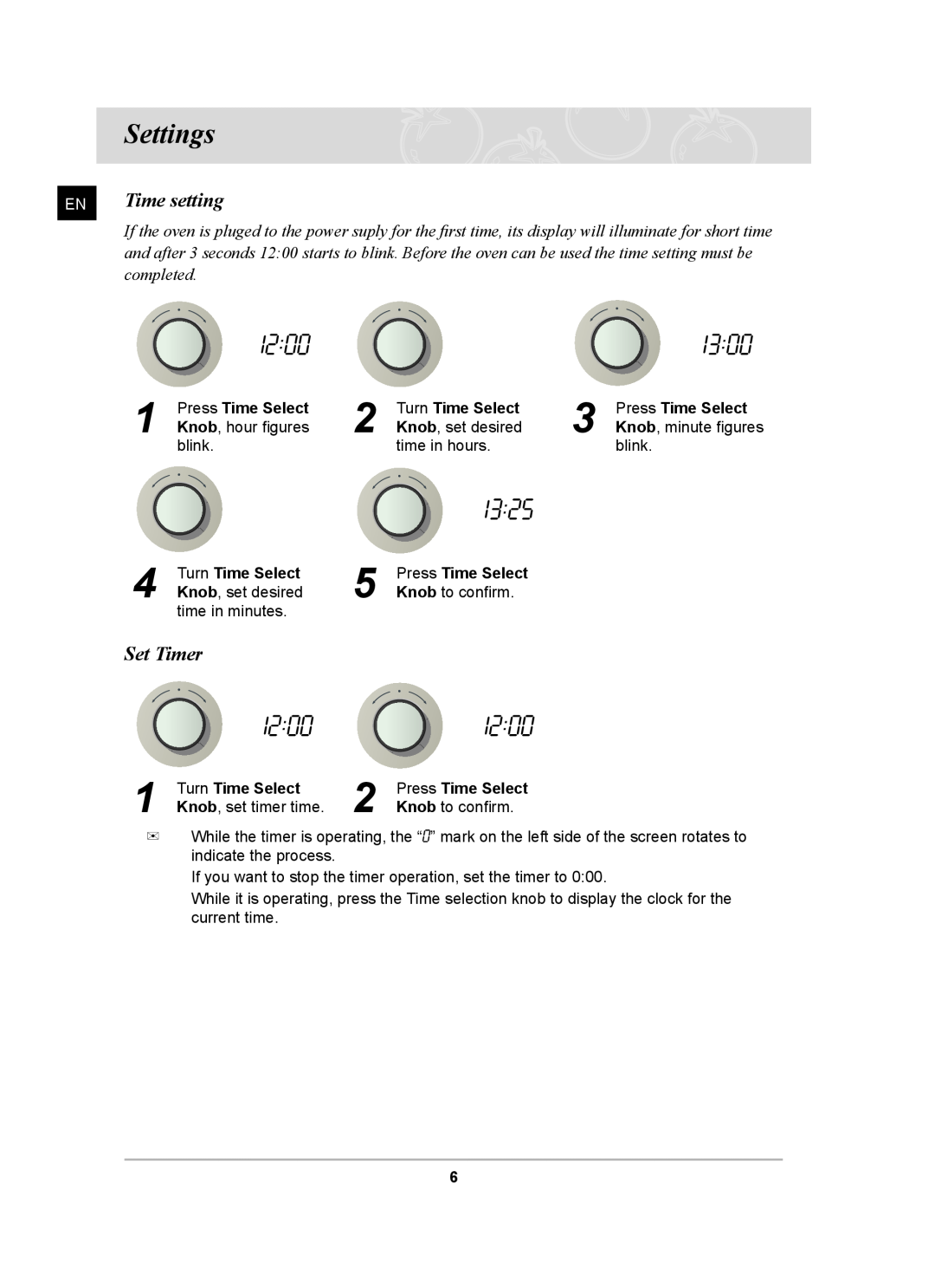 Samsung BF641 Series user manual Settings, Time setting, Set Timer 