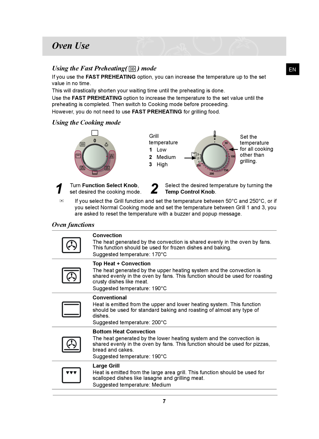 Samsung BF641 Series user manual Oven Use, Using the Fast Preheating mode, Using the Cooking mode, Oven functions 