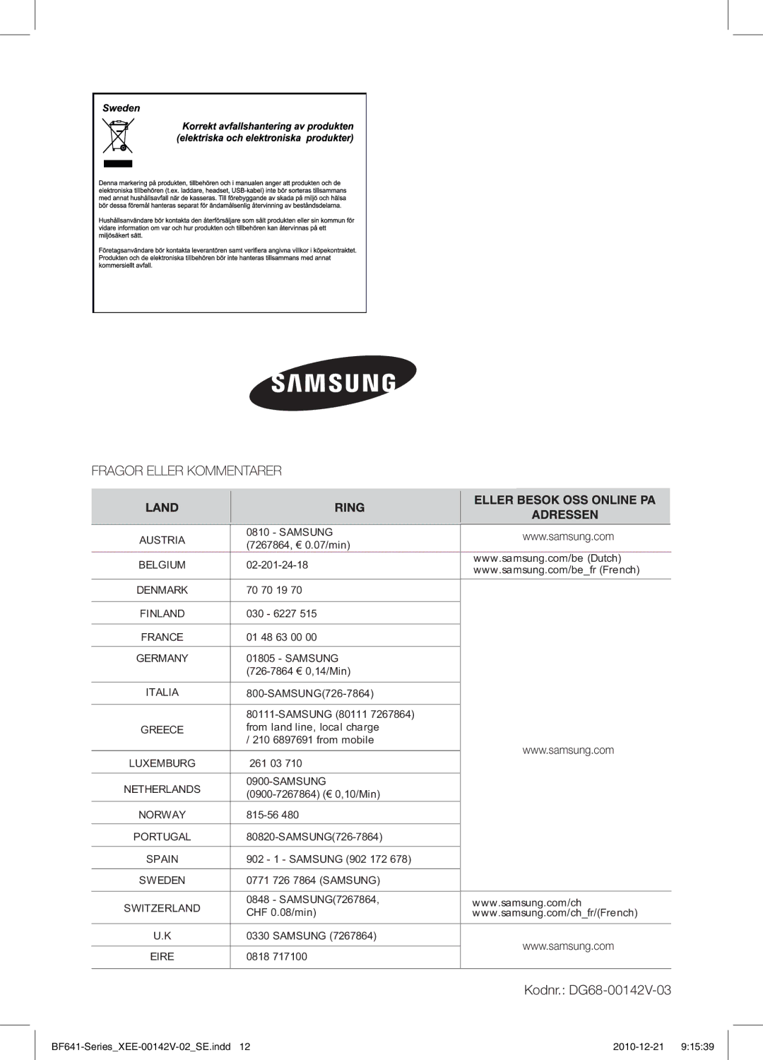 Samsung BF641FBB/XEE manual Kodnr. DG68-00142V-03 