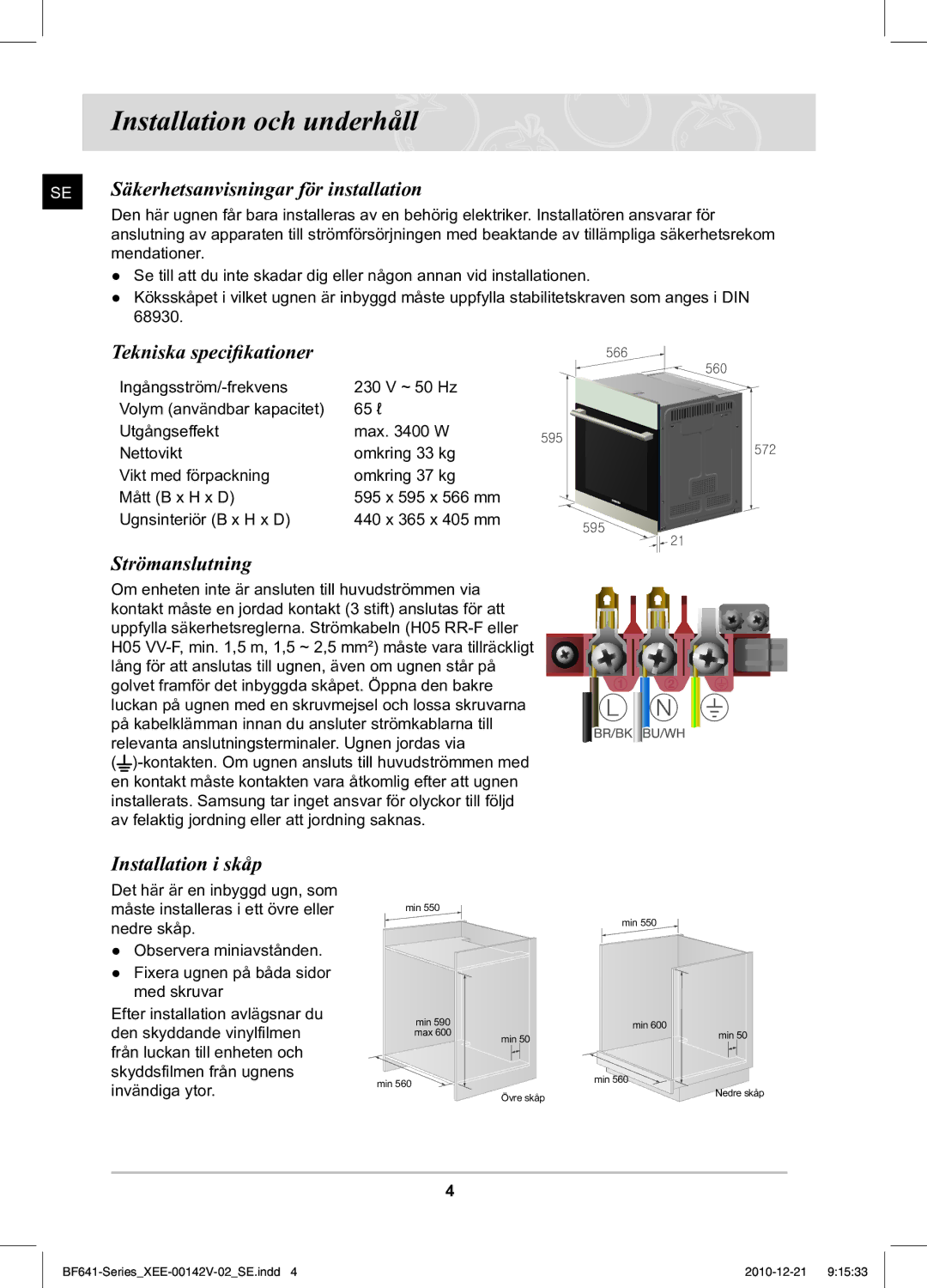 Samsung BF641FBB/XEE manual Installation och underhåll, Säkerhetsanvisningar för installation, Tekniska specifikationer 