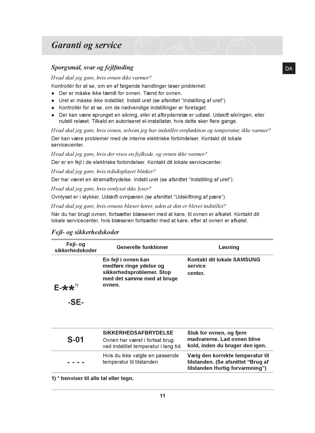 Samsung BF641FBST/XEE, BF641FBW/XEE, BF641CBST/XEE manual Garanti og service, Fejl- og sikkerhedskoder 