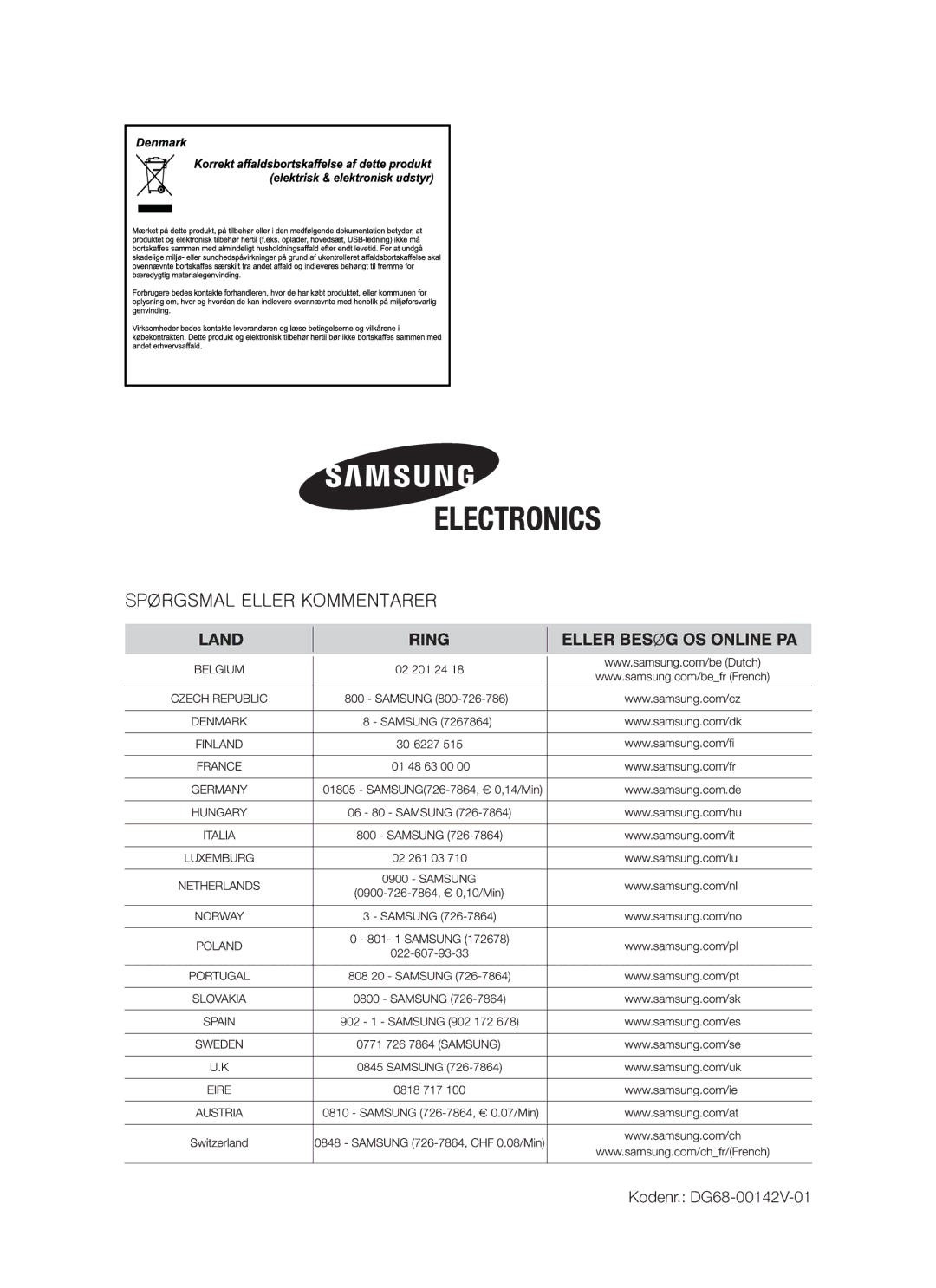 Samsung BF641FBW/XEE, BF641CBST/XEE, BF641FBST/XEE manual Kodenr. DG68-00142V-01 