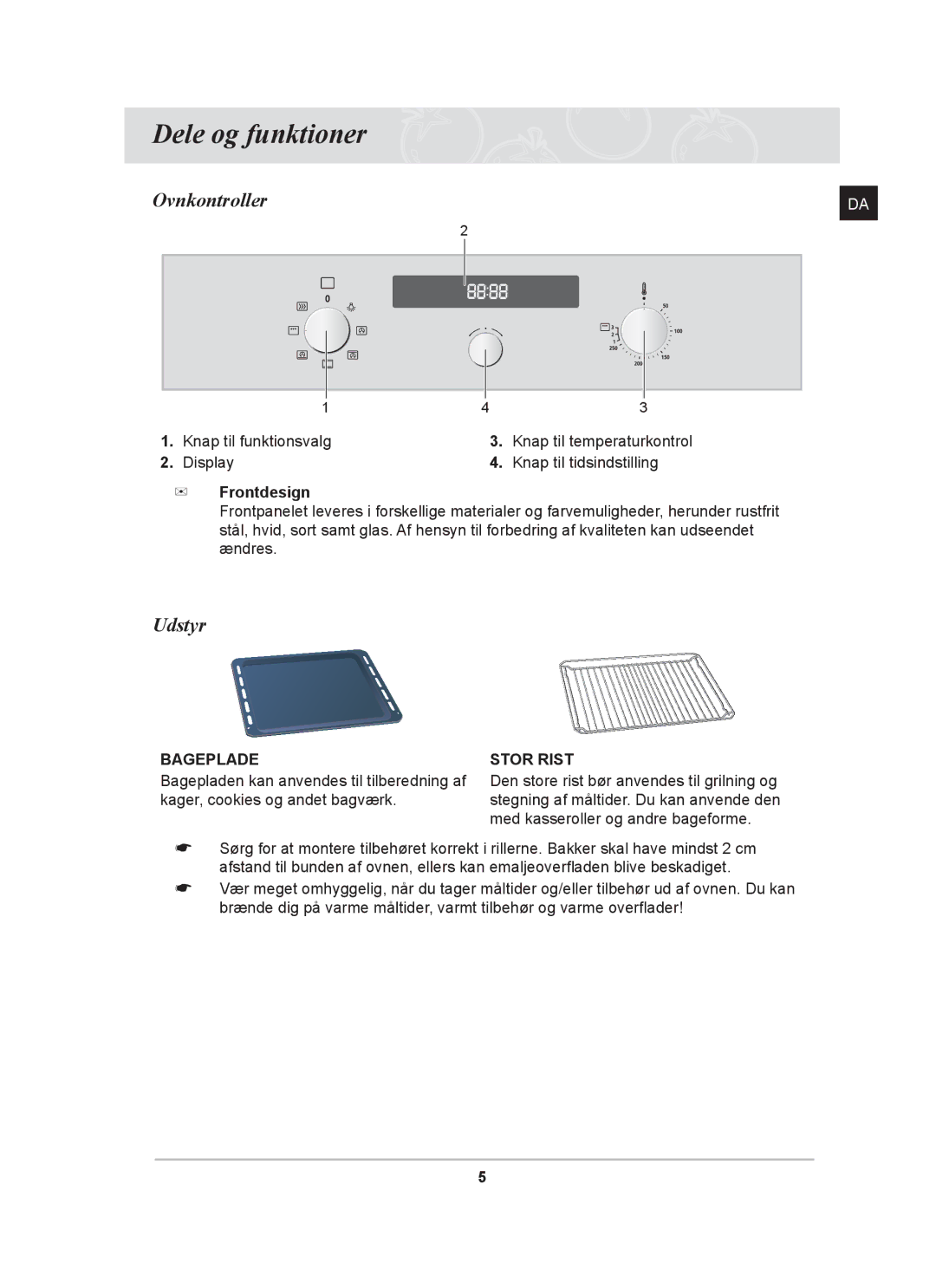 Samsung BF641FBST/XEE, BF641FBW/XEE, BF641CBST/XEE manual Dele og funktioner, Ovnkontroller, Udstyr 