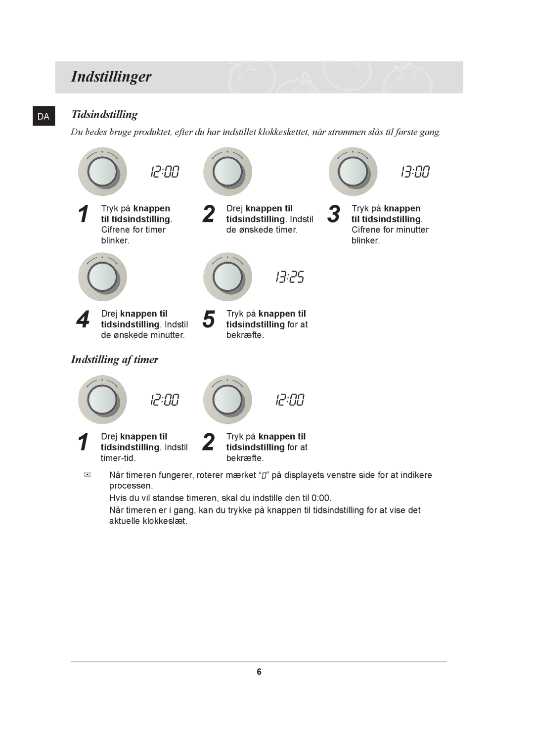 Samsung BF641FBW/XEE, BF641CBST/XEE, BF641FBST/XEE manual Indstillinger, DA Tidsindstilling, Indstilling af timer 