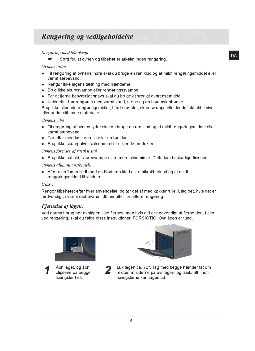 Samsung BF641FBW/XEE, BF641CBST/XEE, BF641FBST/XEE manual Rengøring og vedligeholdelse, Fjernelse af lågen 