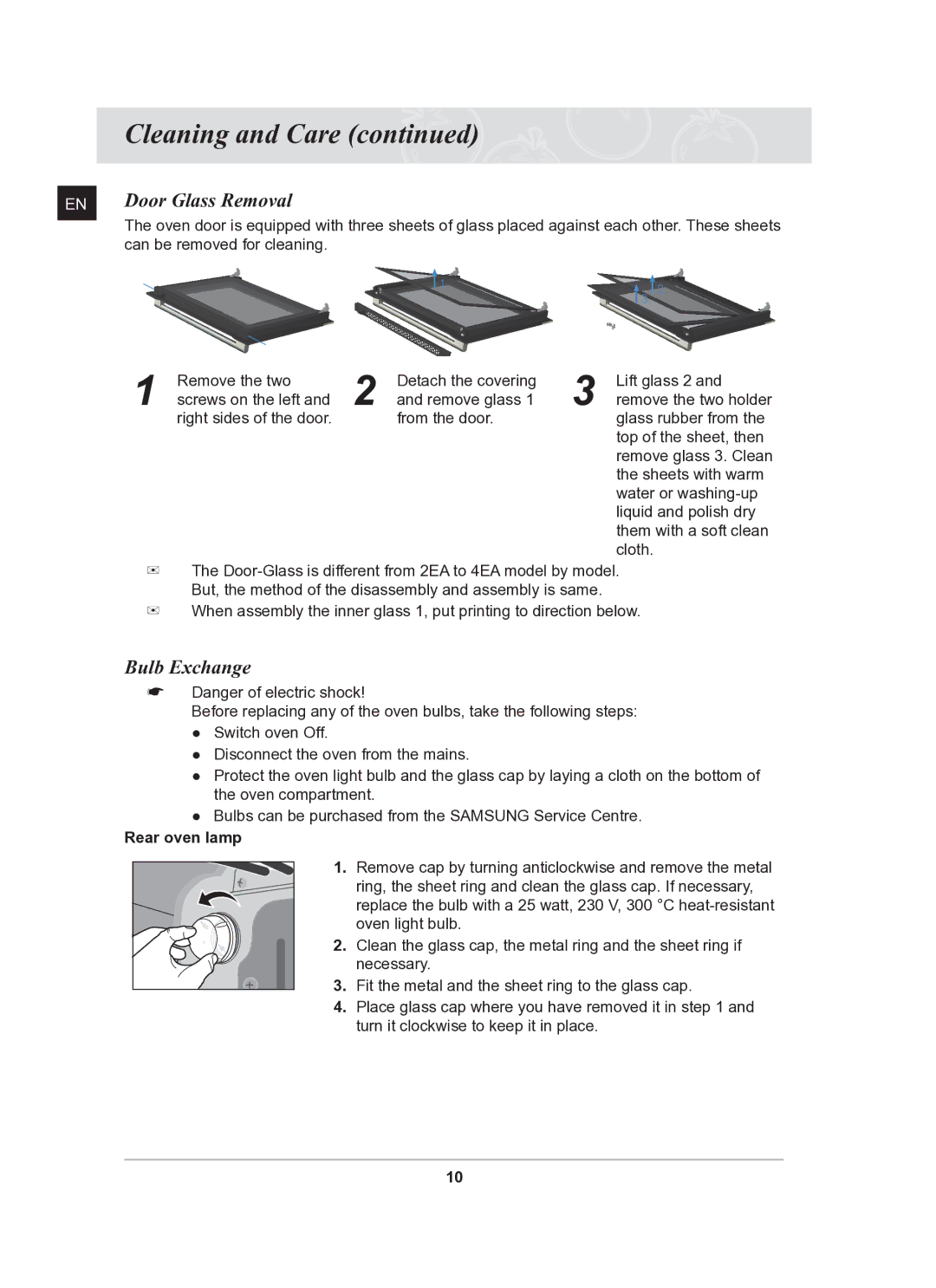 Samsung BF641CBST/XEE, BF641FBW/XEE, BF641FBST/XEE manual Door Glass Removal, Bulb Exchange, Rear oven lamp 