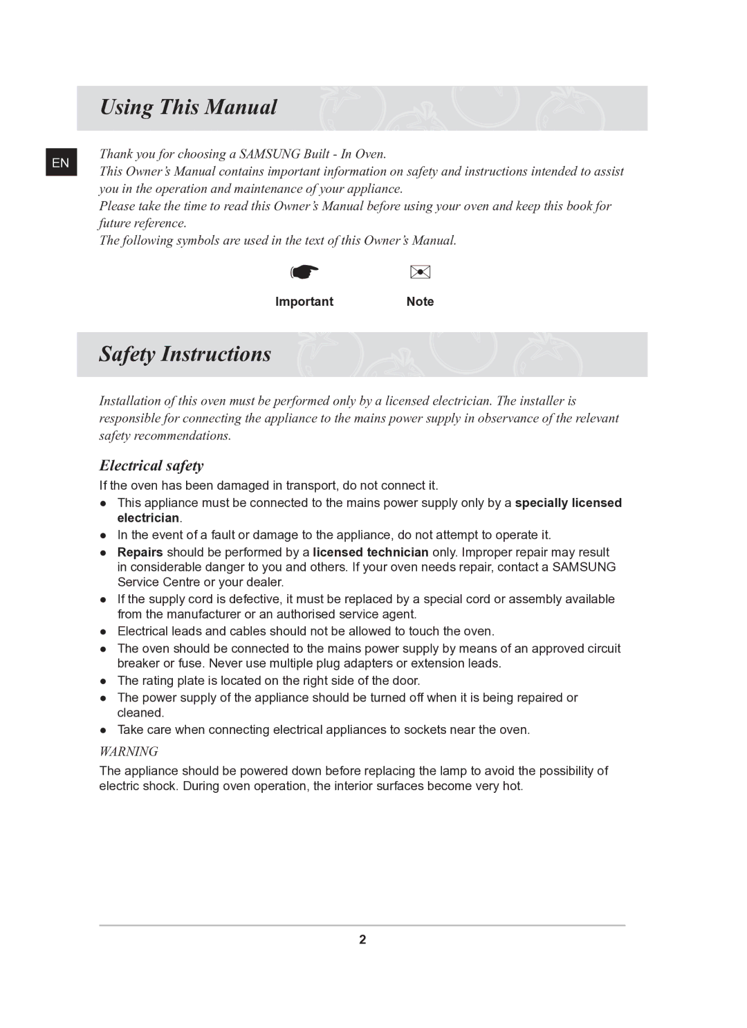 Samsung BF641FBST/XEE, BF641FBW/XEE, BF641CBST/XEE Using This Manual, Safety Instructions, Electrical safety, ImportantNote 