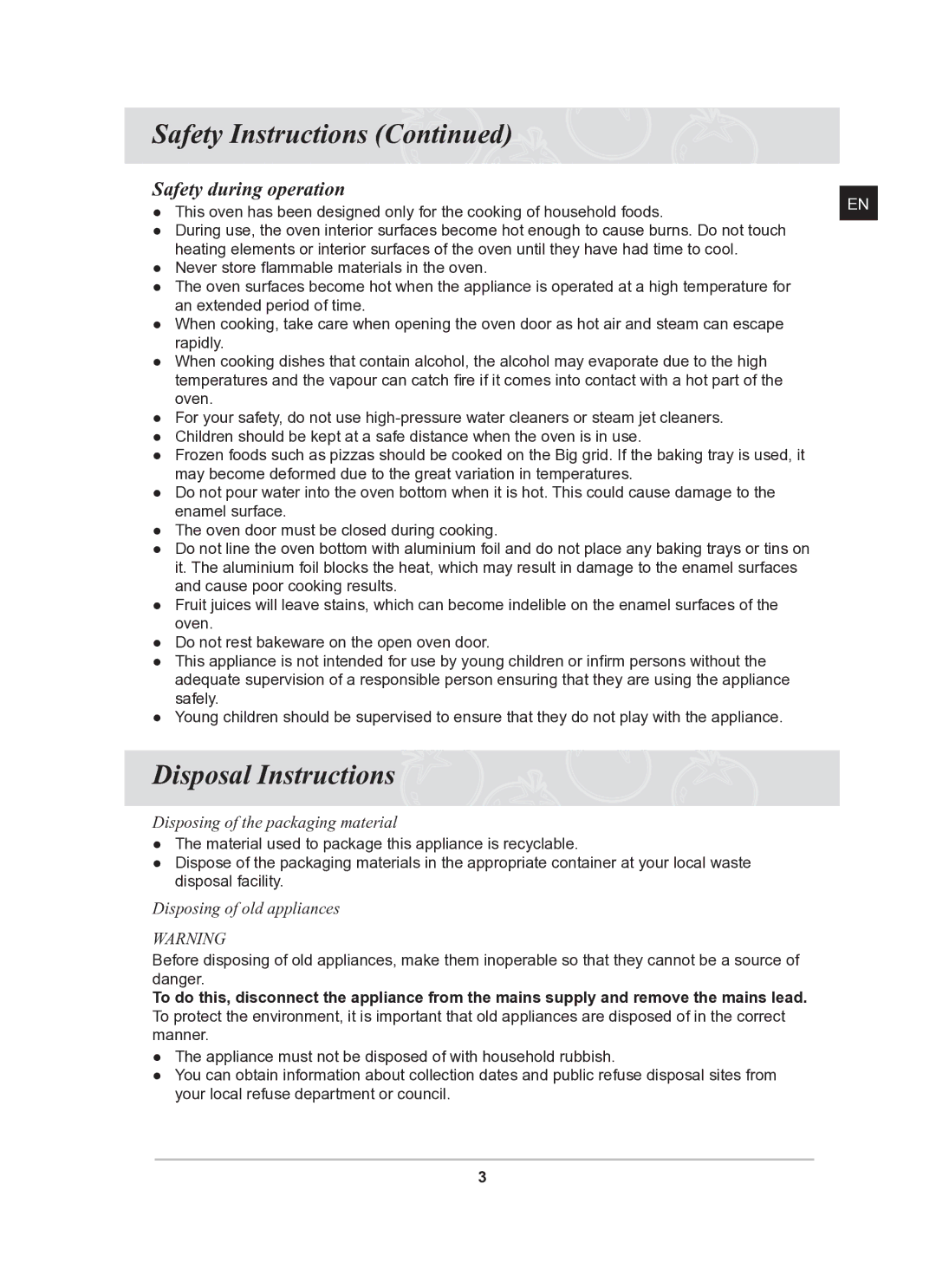 Samsung BF641FBW/XEE, BF641CBST/XEE, BF641FBST/XEE manual Disposal Instructions, Safety during operation 