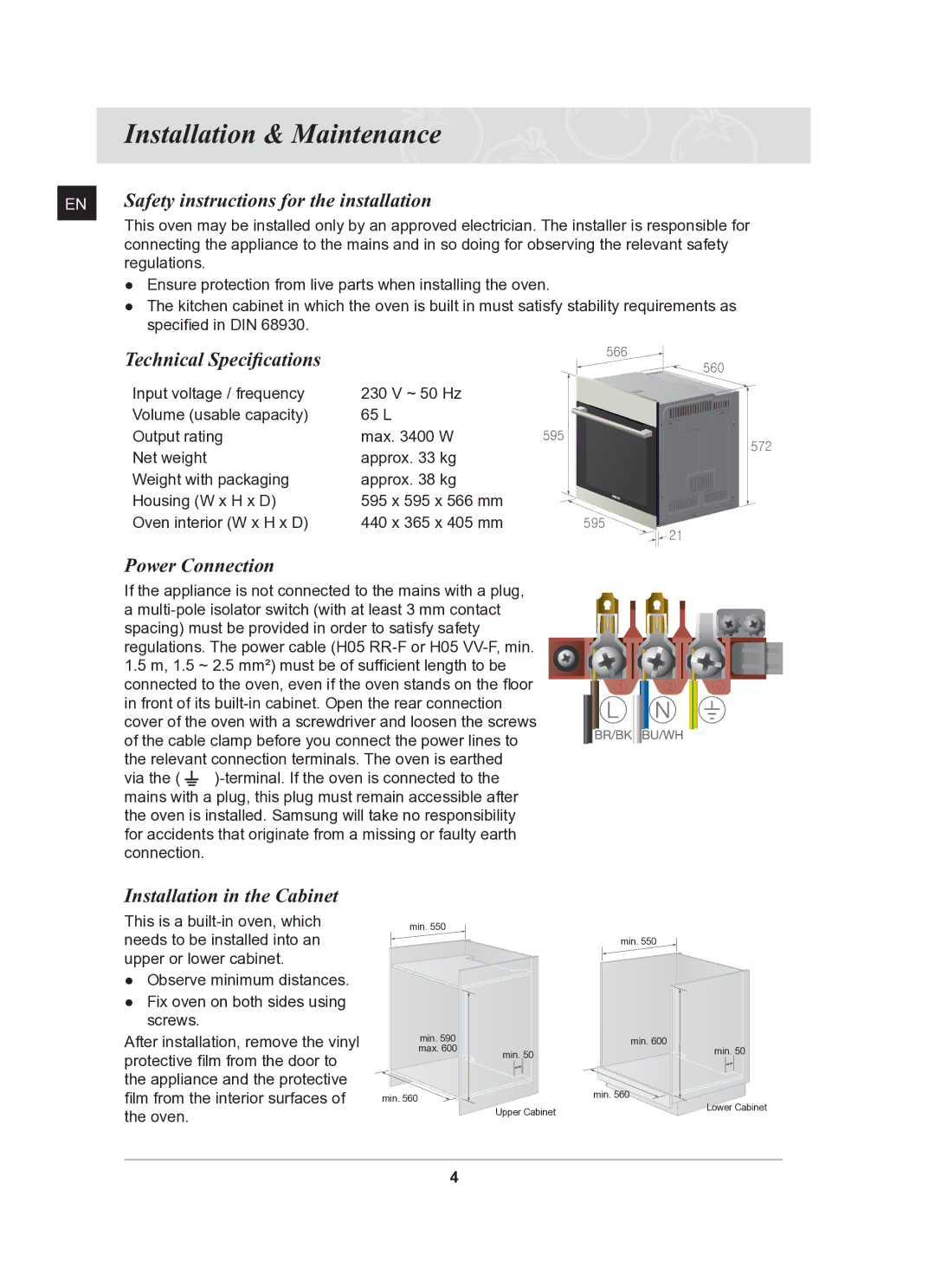 Samsung BF641CBST/XEE manual Installation & Maintenance, Safety instructions for the installation, Technical Specifications 