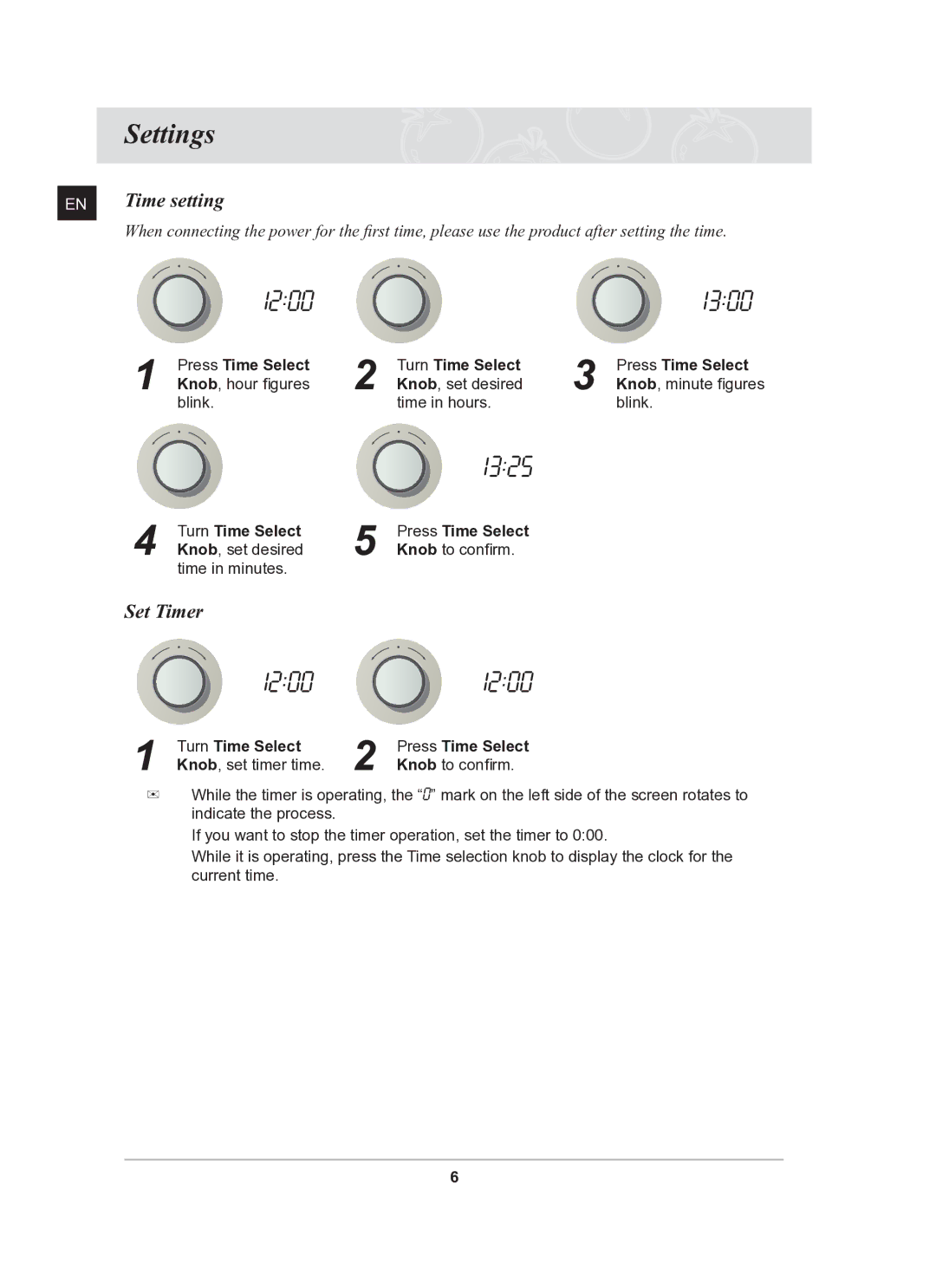 Samsung BF641FBW/XEE, BF641CBST/XEE, BF641FBST/XEE Settings, Time setting, Set Timer, Turn Time Select Press Time Select 