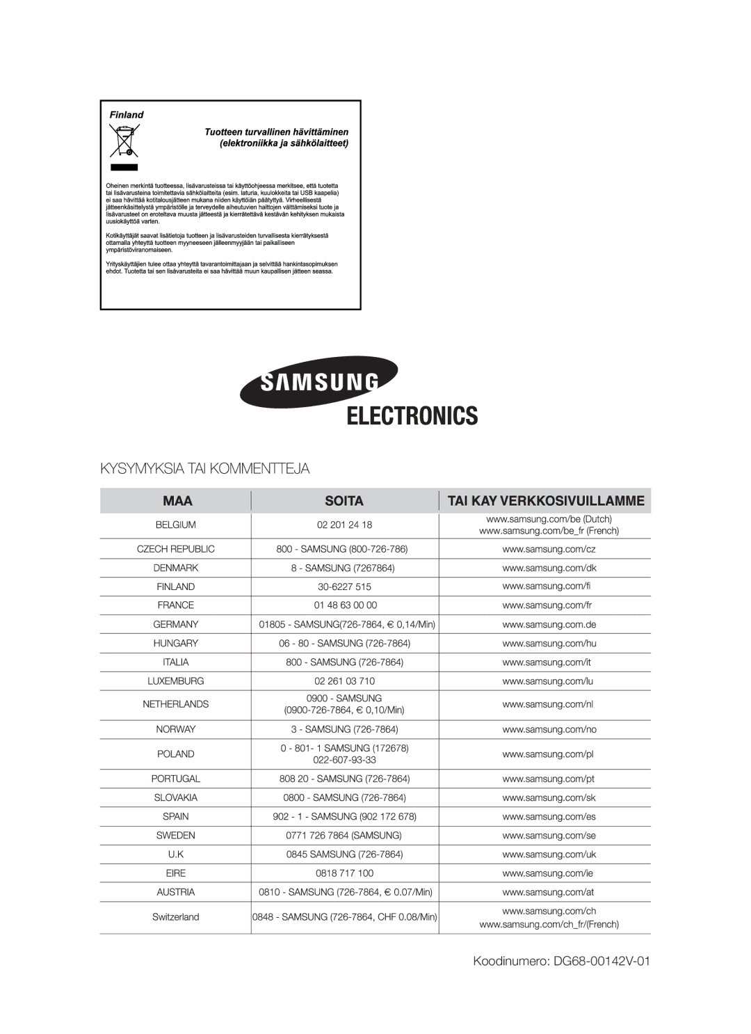 Samsung BF641FBW/XEE, BF641CBST/XEE, BF641FBST/XEE manual Koodinumero DG68-00142V-01 