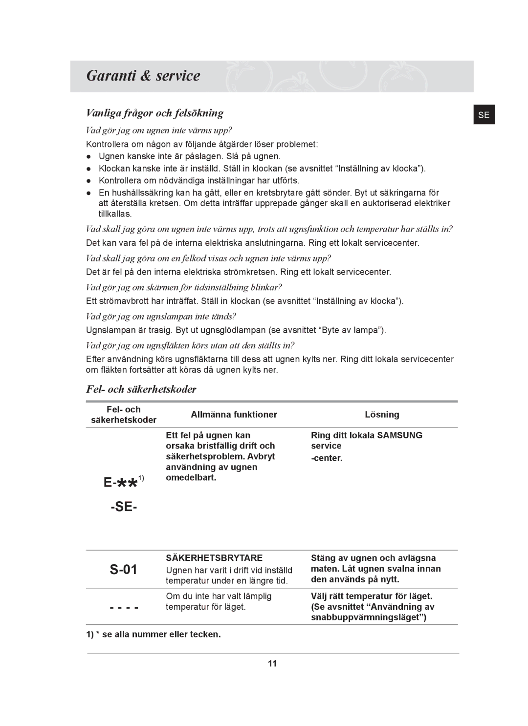 Samsung BF641FBST/XEE, BF641FBW/XEE manual Garanti & service, Vanliga frågor och felsökning, Fel- och säkerhetskoder 