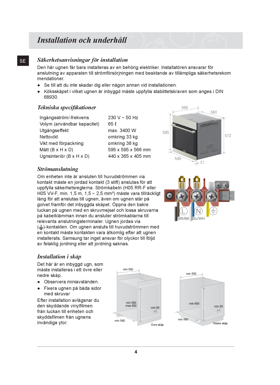 Samsung BF641CBST/XEE manual Installation och underhåll, Säkerhetsanvisningar för installation, Tekniska specifikationer 