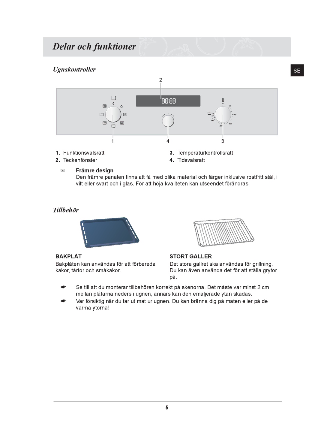 Samsung BF641FBST/XEE, BF641FBW/XEE, BF641CBST/XEE manual Delar och funktioner, Ugnskontroller, Tillbehör 