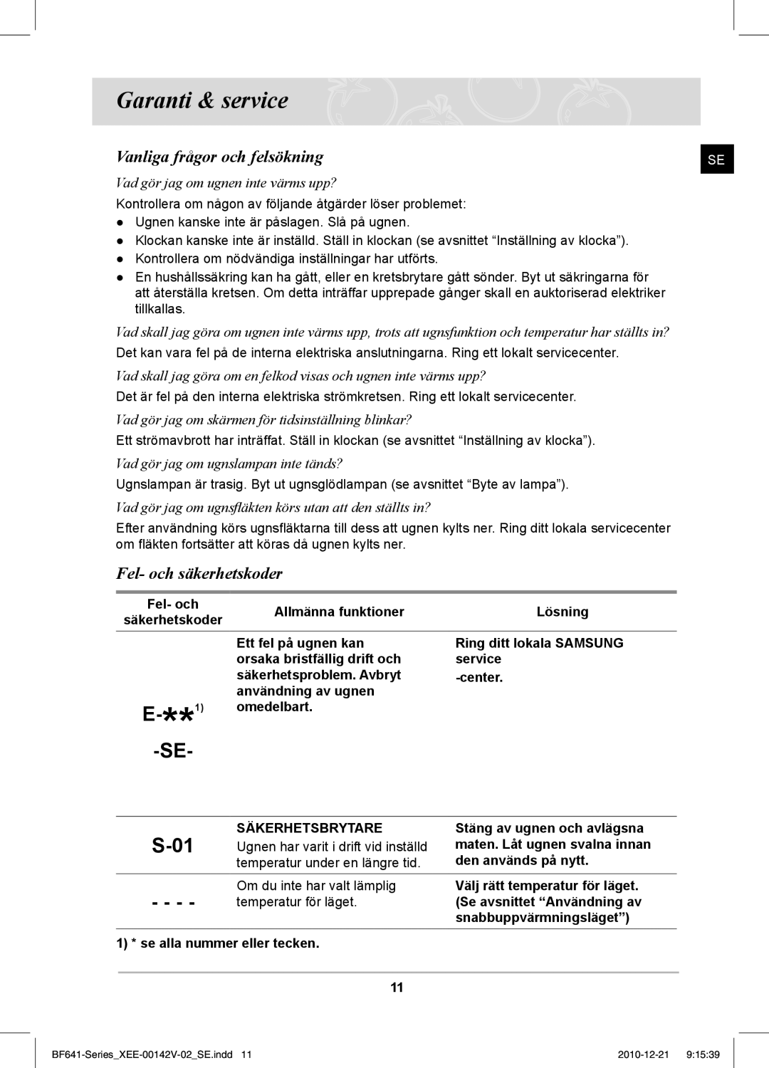 Samsung BF641FBW/XEE manual Garanti & service, Vanliga frågor och felsökning, Fel- och säkerhetskoder, Säkerhetsbrytare 