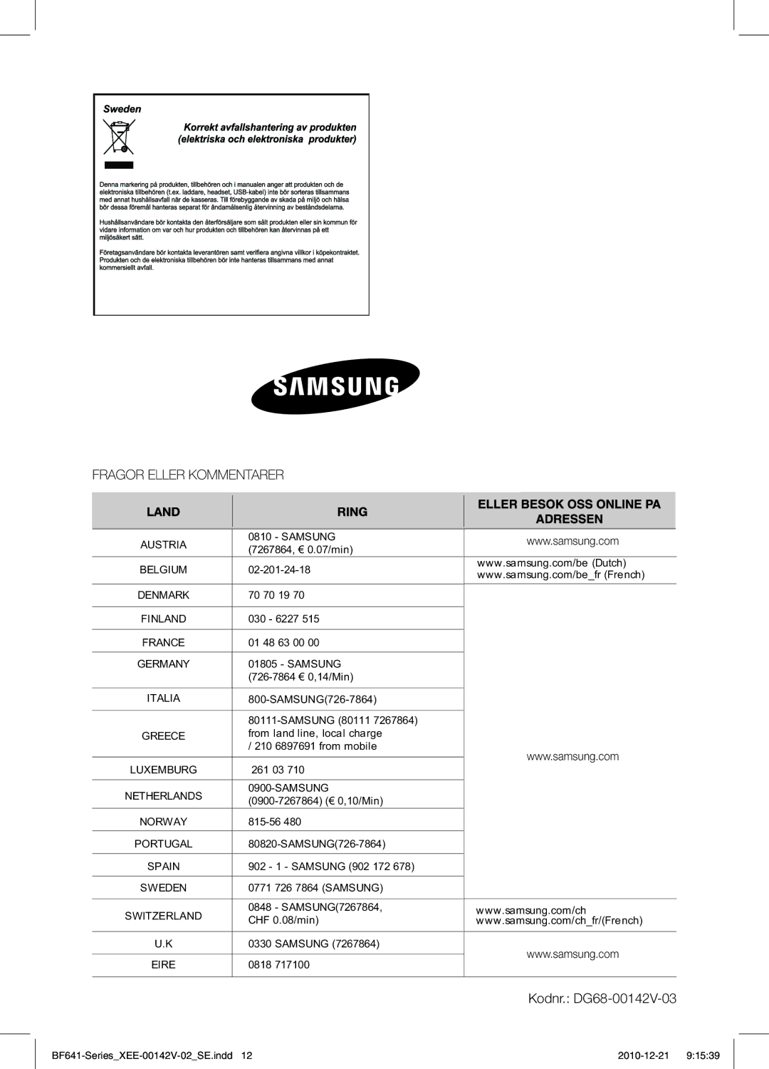 Samsung BF641FBW/XEE manual Kodnr. DG68-00142V-03 