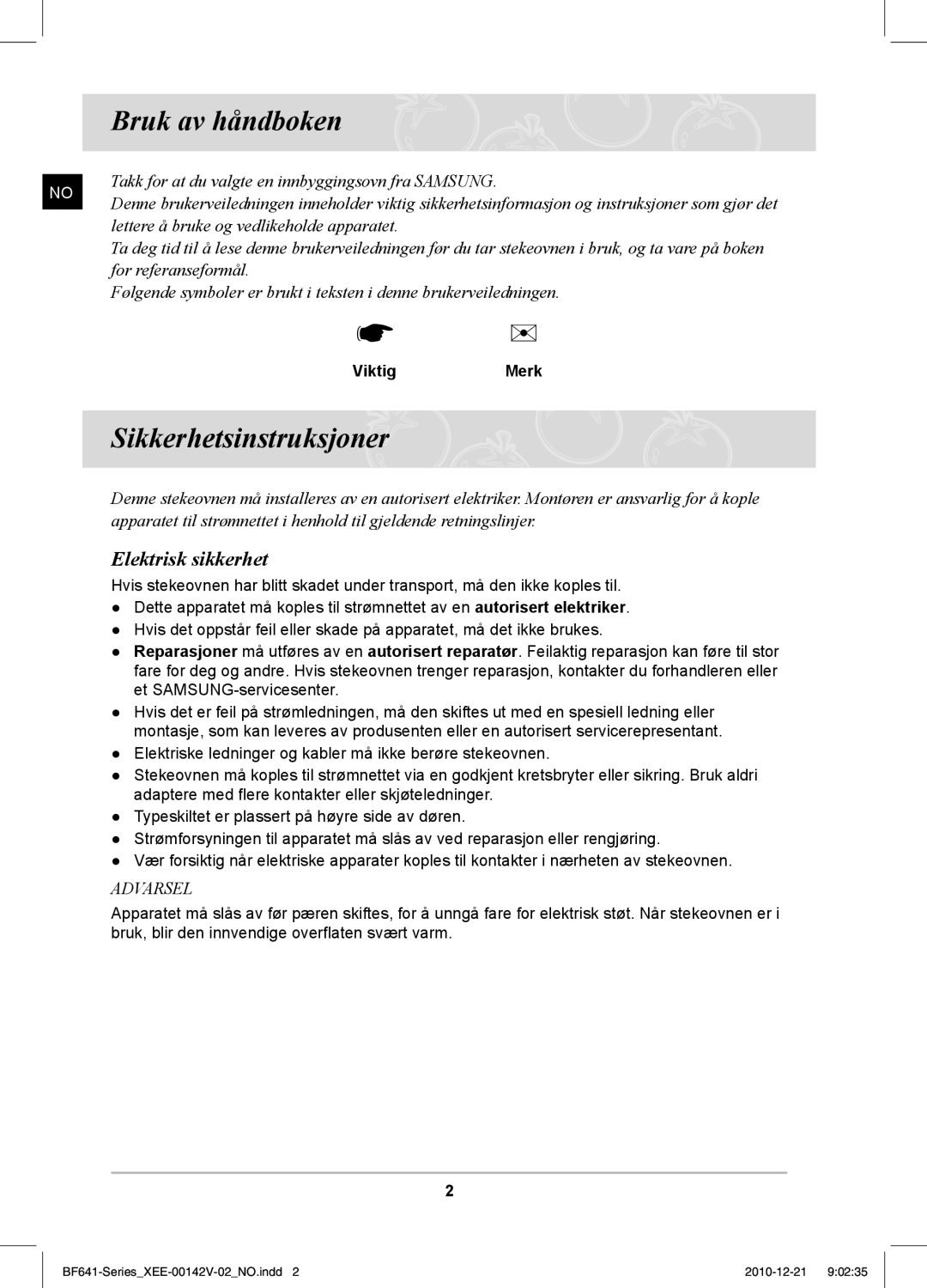 Samsung BF641FBW/XEE manual Bruk av håndboken, Sikkerhetsinstruksjoner, Elektrisk sikkerhet, ViktigMerk 