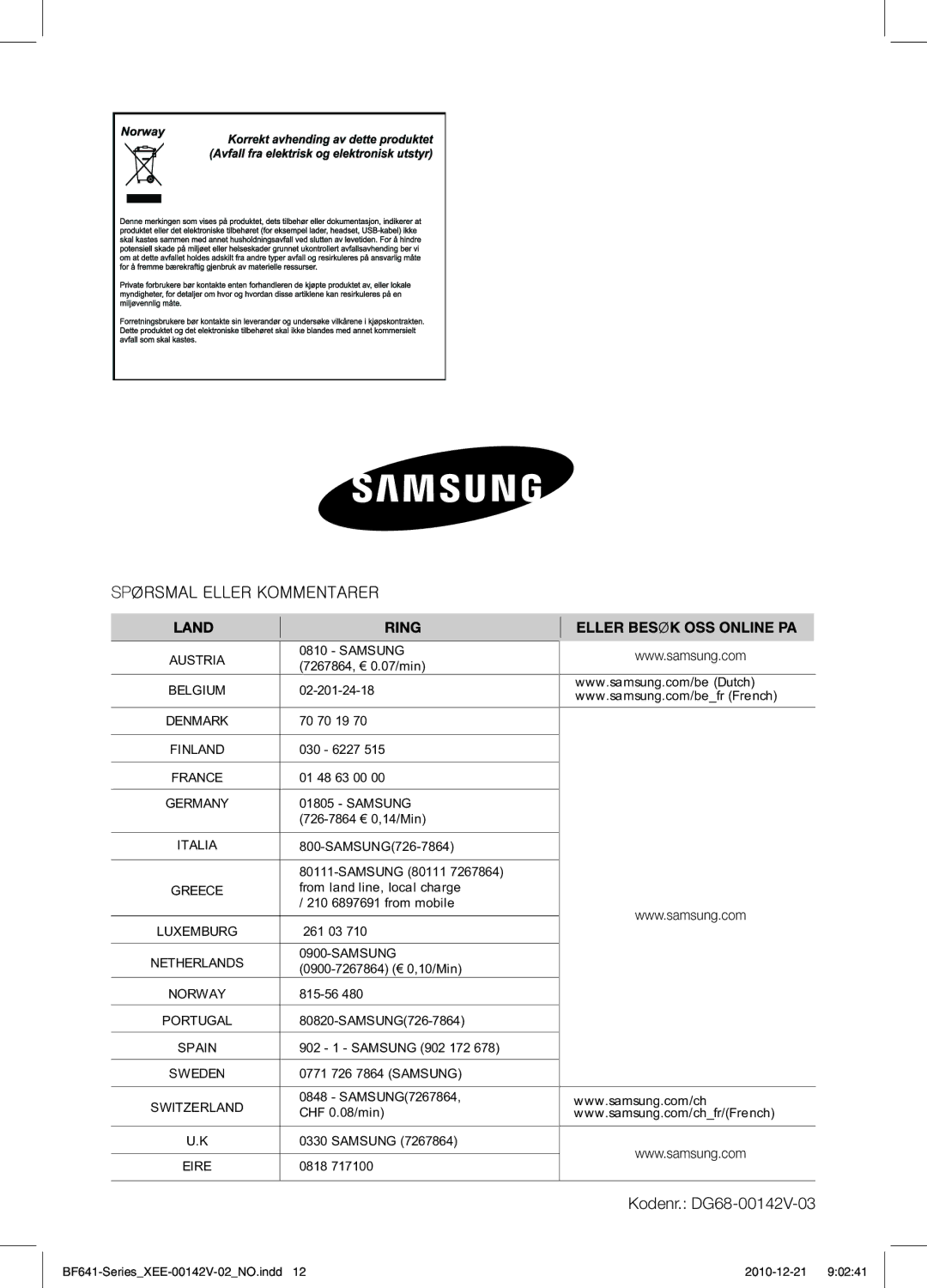 Samsung BF641FBW/XEE manual Kodenr. DG68-00142V-03 