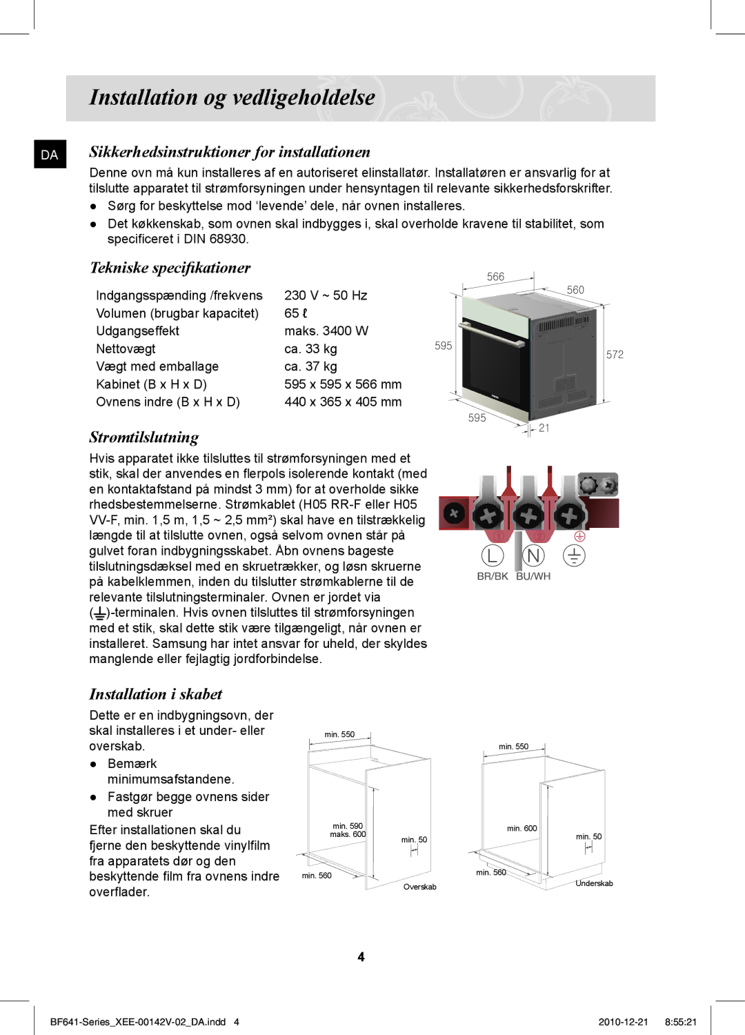 Samsung BF641FBW/XEE Installation og vedligeholdelse, Sikkerhedsinstruktioner for installationen, Tekniske specifikationer 