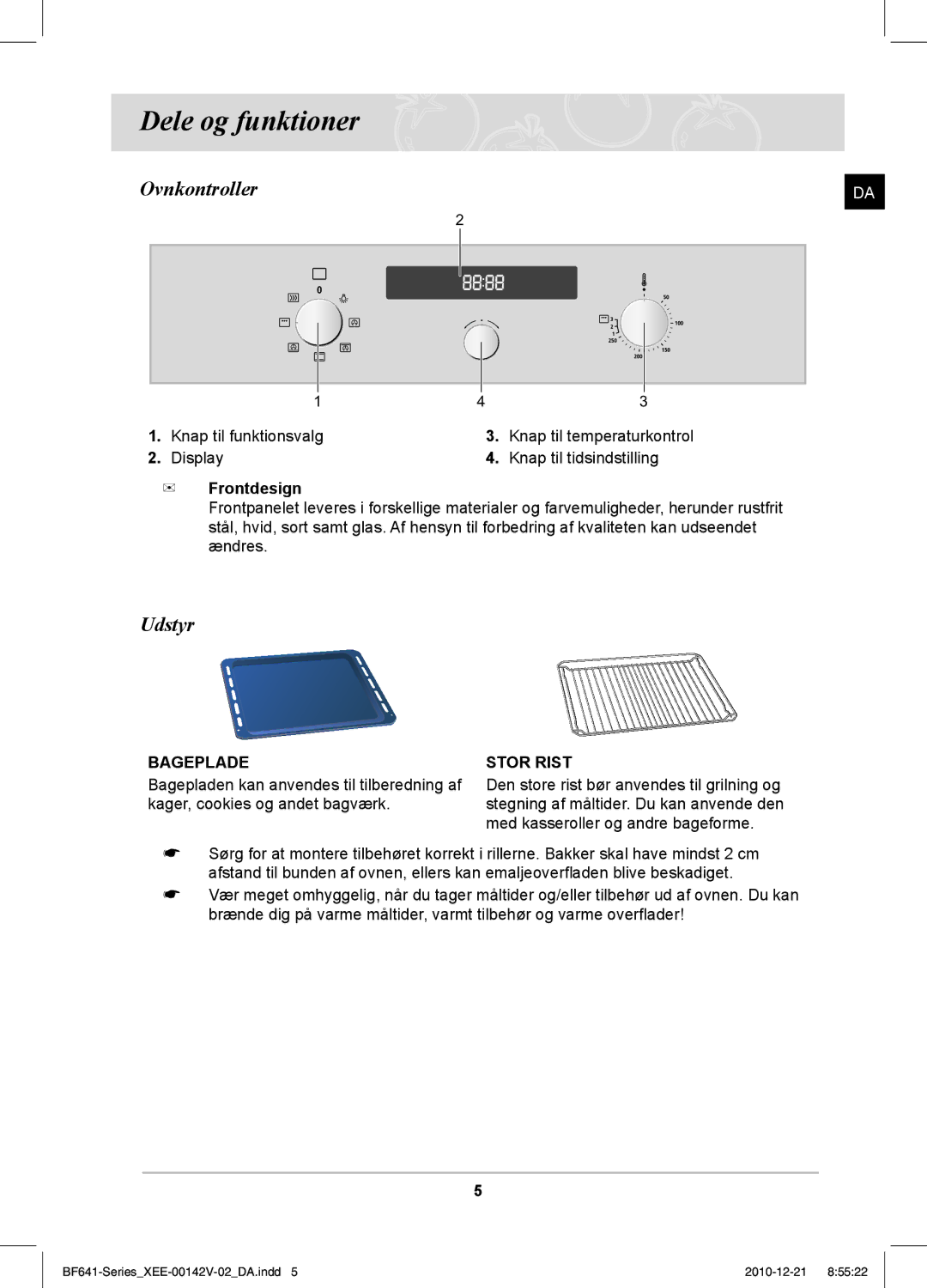 Samsung BF641FBW/XEE manual Dele og funktioner, Ovnkontroller, Udstyr, Bageplade 