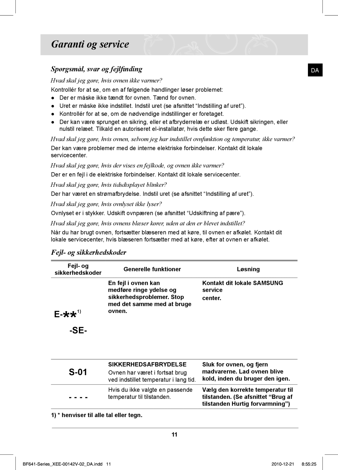 Samsung BF641FBW/XEE manual Spørgsmål, svar og fejlfinding, Fejl- og sikkerhedskoder, Sikkerhedsafbrydelse 