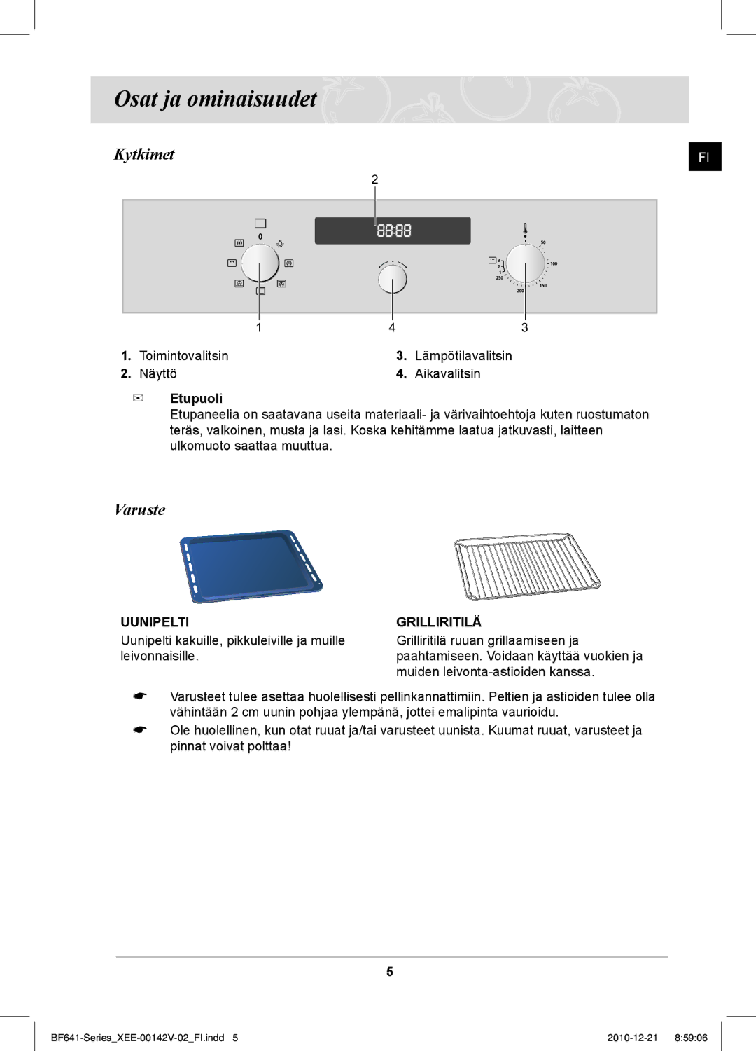 Samsung BF641FBW/XEE manual Osat ja ominaisuudet, Kytkimet, Varuste, Uunipelti, Grilliritilä 