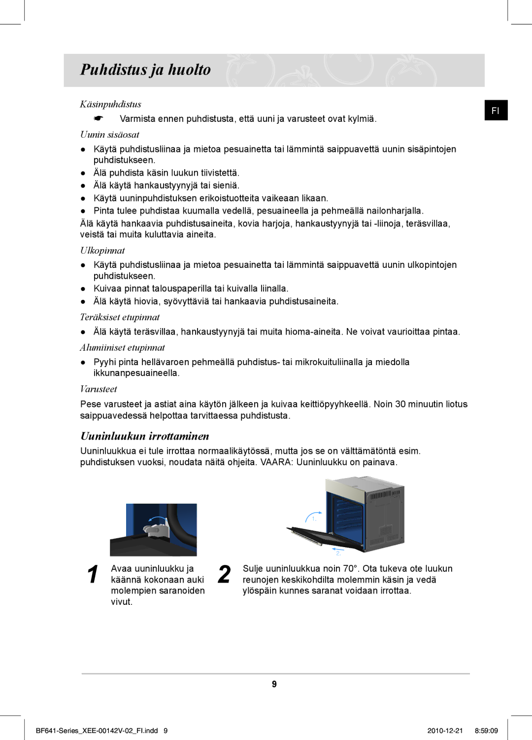 Samsung BF641FBW/XEE manual Puhdistus ja huolto, Uuninluukun irrottaminen 