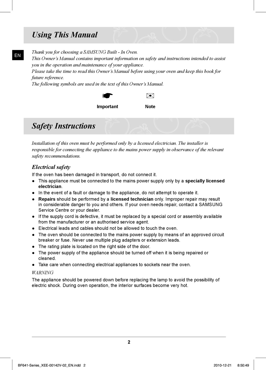 Samsung BF641FBW/XEE manual Using This Manual, Safety Instructions, Electrical safety, ImportantNote 