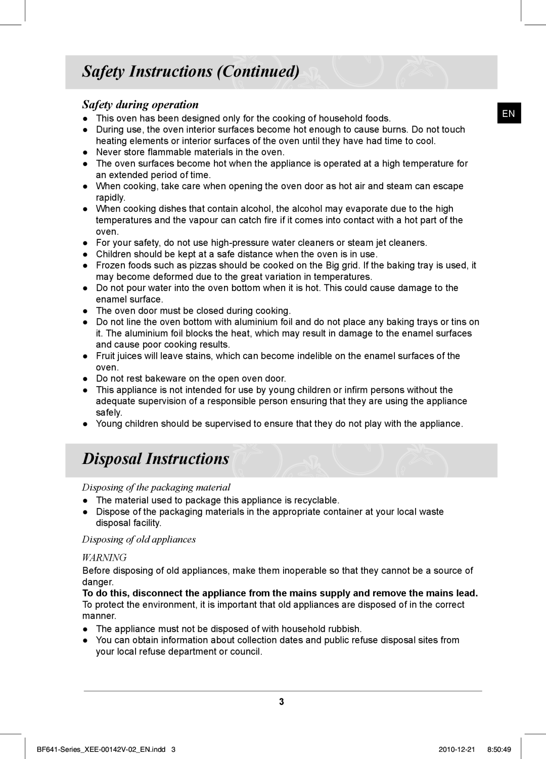 Samsung BF641FBW/XEE manual Disposal Instructions, Safety during operation 