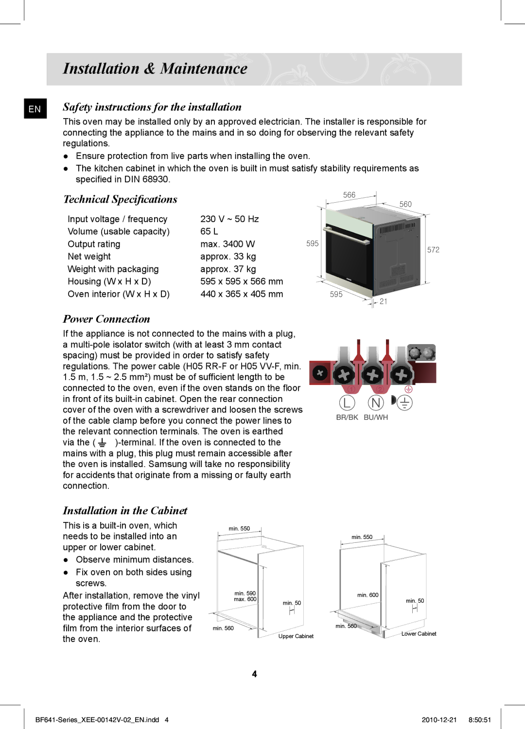 Samsung BF641FBW/XEE manual Installation & Maintenance, Safety instructions for the installation, Technical Specifications 