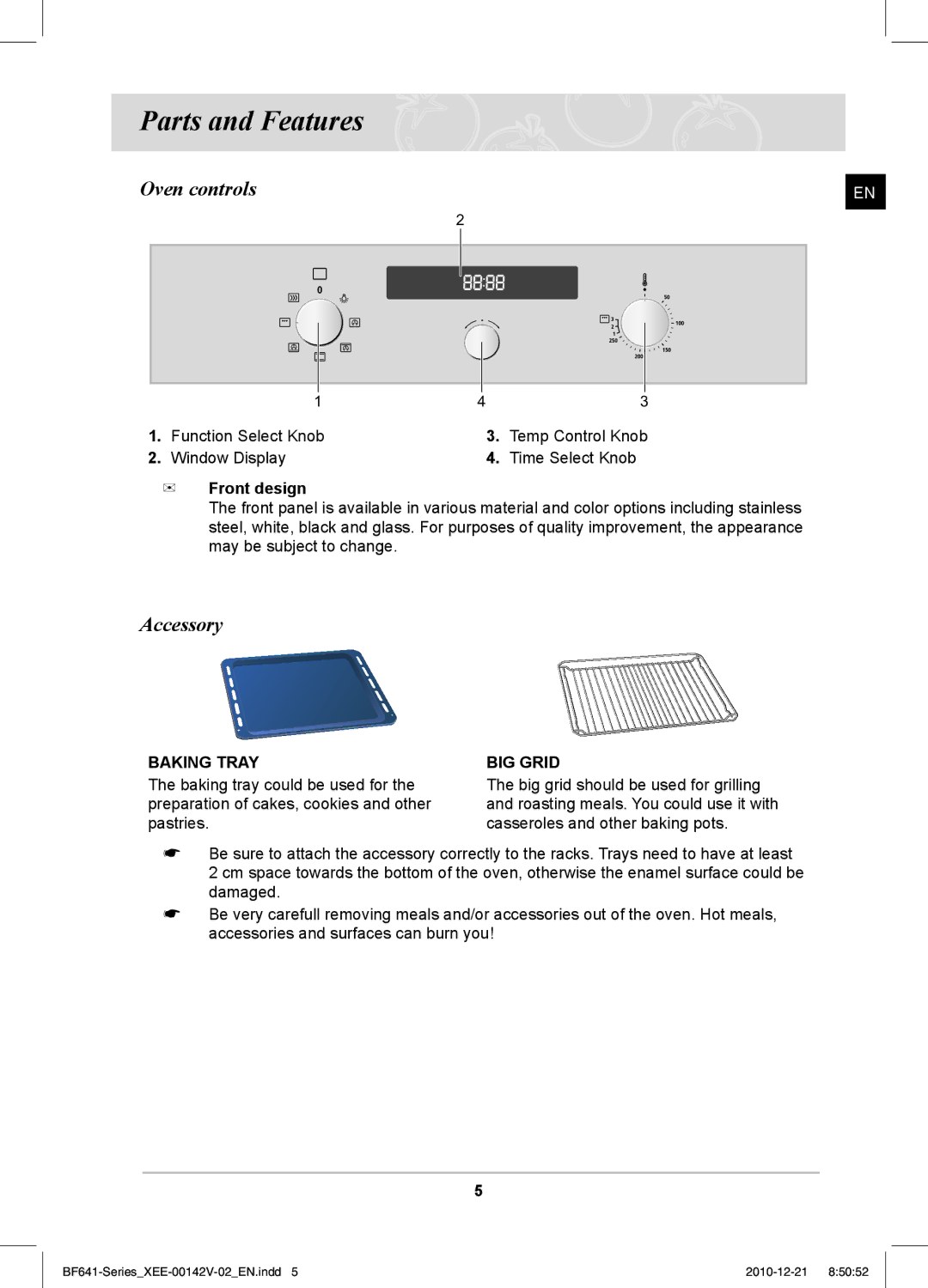 Samsung BF641FBW/XEE manual Parts and Features, Oven controls, Accessory, Baking Tray, BIG Grid 