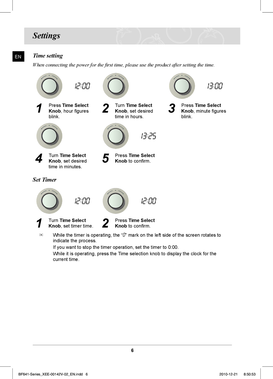 Samsung BF641FBW/XEE manual Settings, Time setting, Set Timer, Turn Time Select Press Time Select 