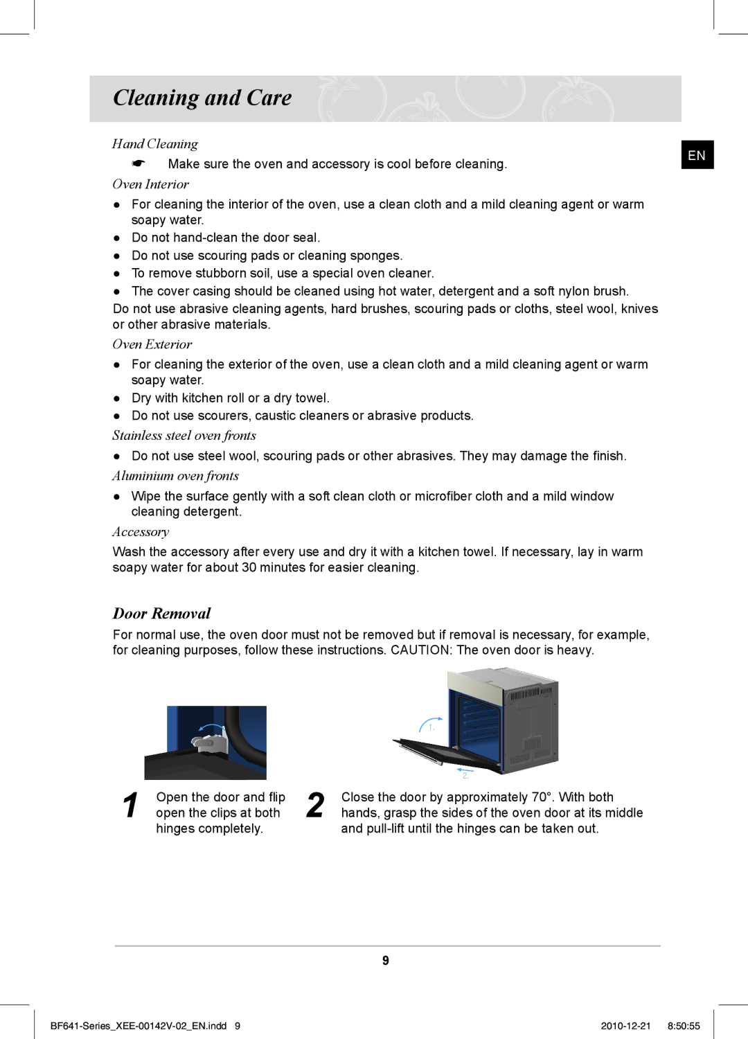 Samsung BF641FBW/XEE manual Cleaning and Care, Door Removal 