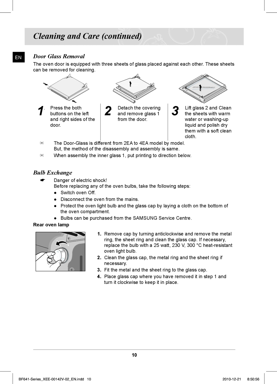 Samsung BF641FBW/XEE manual Door Glass Removal, Bulb Exchange, Rear oven lamp 