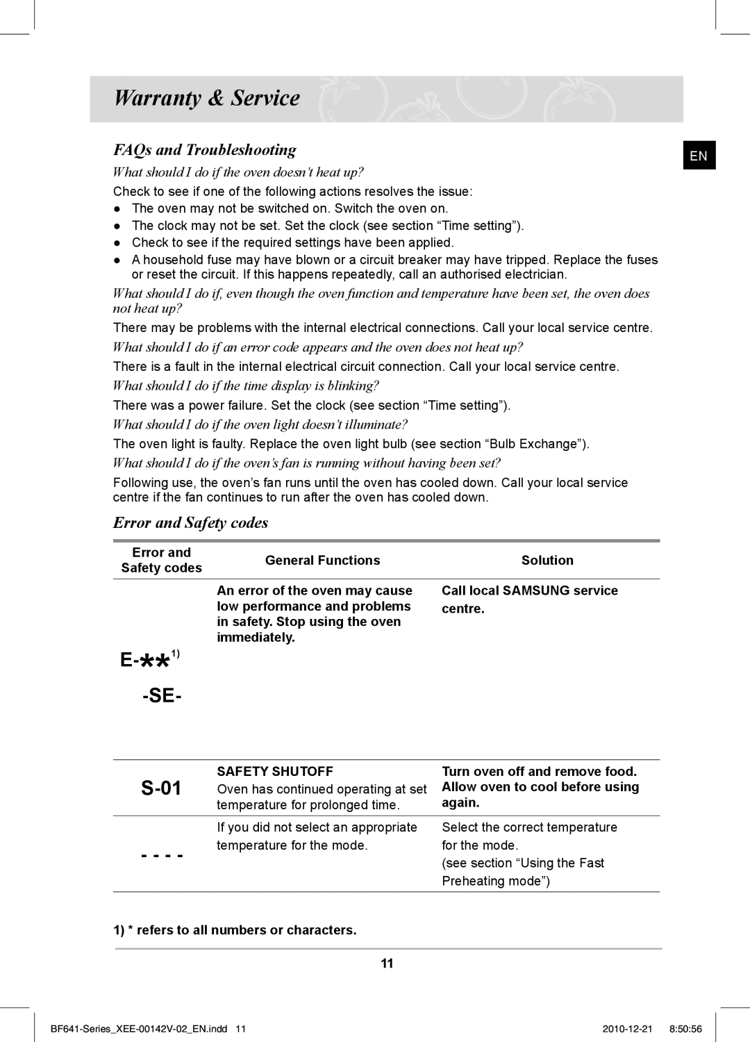 Samsung BF641FBW/XEE manual Warranty & Service, FAQs and Troubleshooting, Error and Safety codes, Safety Shutoff 