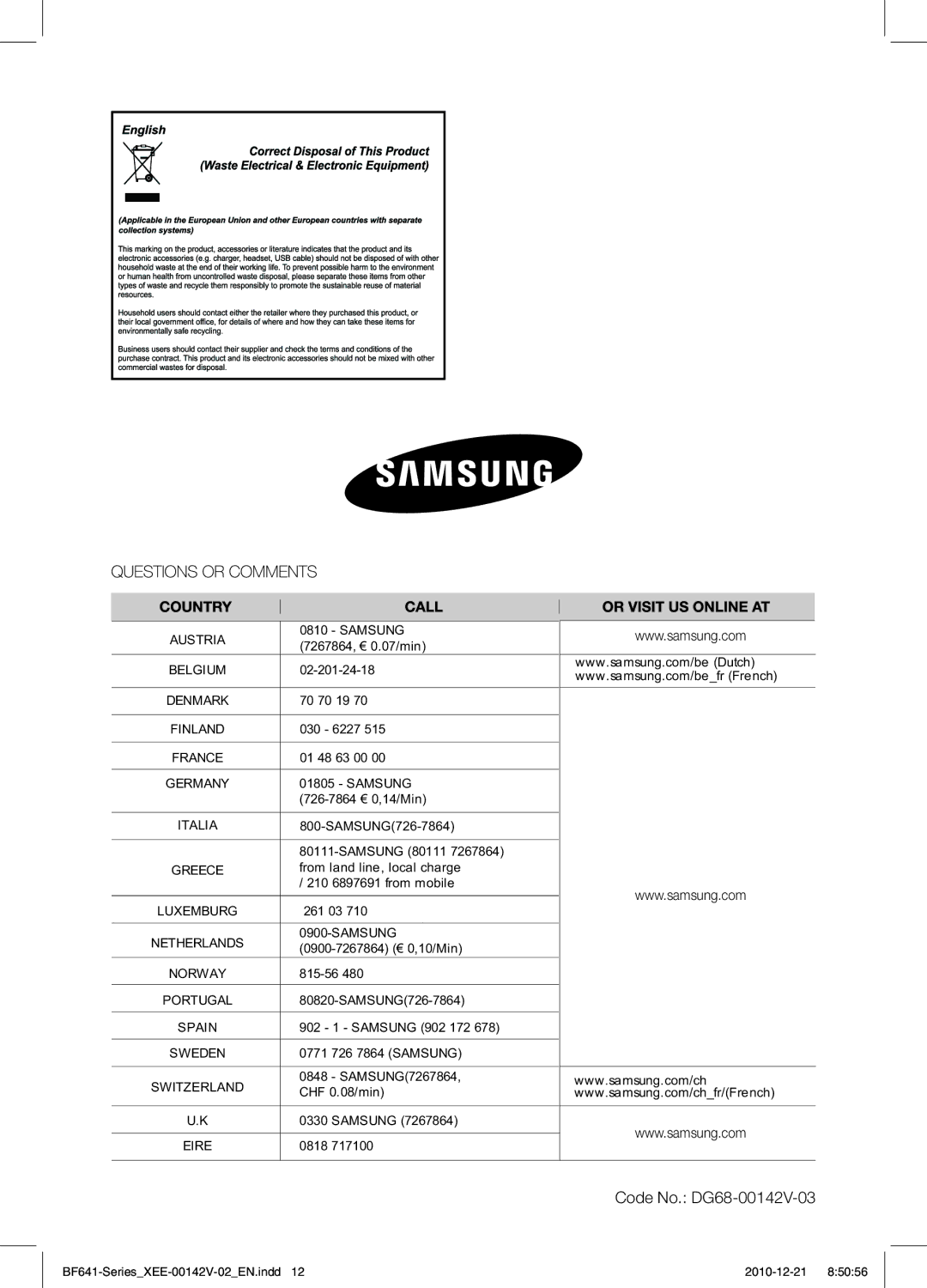 Samsung BF641FBW/XEE manual Code No. DG68-00142V-03 