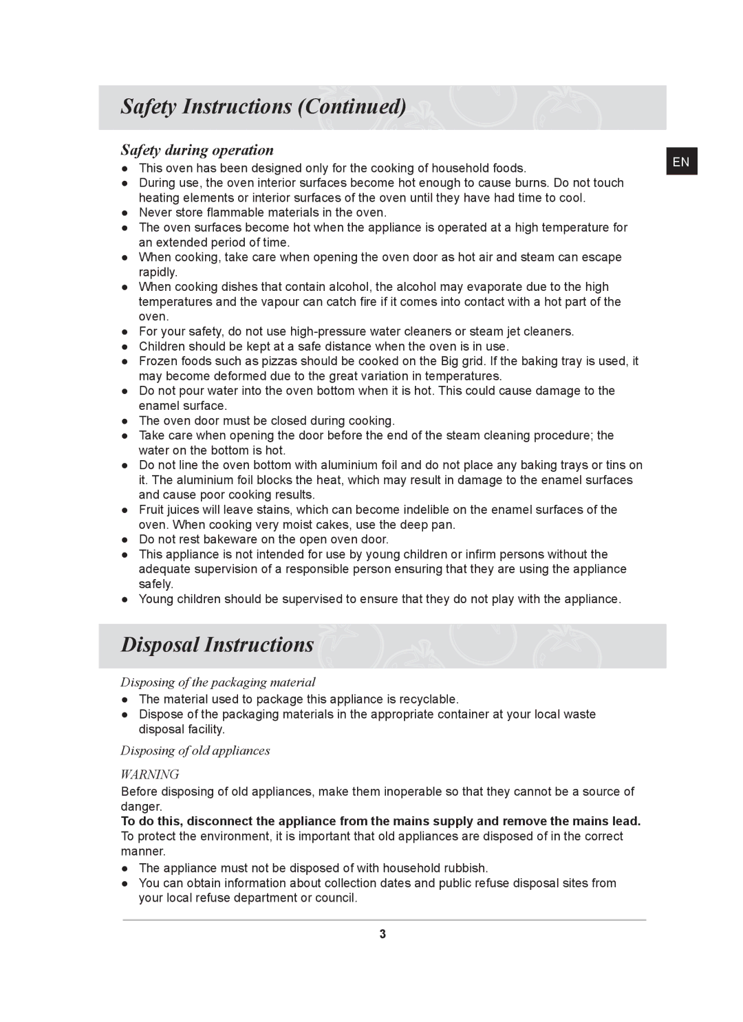 Samsung BF641FGB/BOL, BF641FGB/XEH, BF641FSTP/XEH manual Disposal Instructions, Safety during operation 