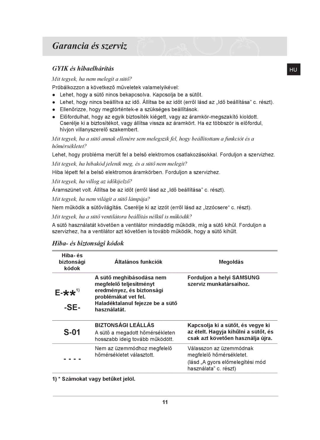 Samsung BF641FSTP/XEH, BF641FGB/BOL manual Garancia és szerviz, Hiba- és biztonsági kódok, Kapcsolja ki a sütőt, és vegye ki 