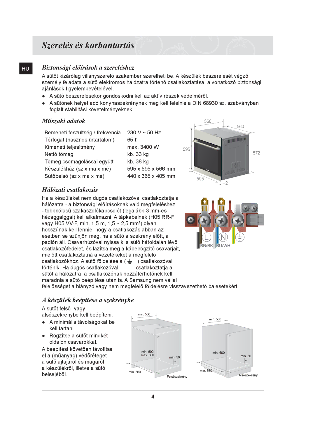 Samsung BF641FGB/XEH Szerelés és karbantartás, Biztonsági előírások a szereléshez, Műszaki adatok, Hálózati csatlakozás 