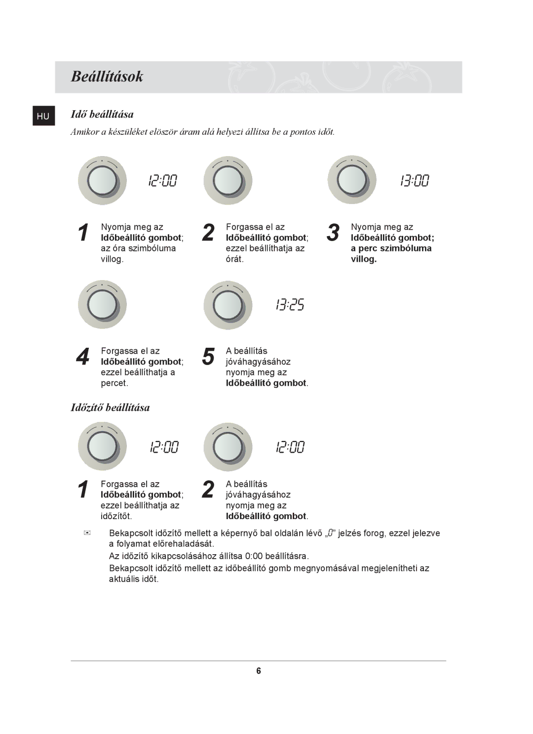 Samsung BF641FGB/BOL, BF641FGB/XEH manual Beállítások, Idő beállítása, Időzítő beállítása, Időbeállító gombot, Villog 