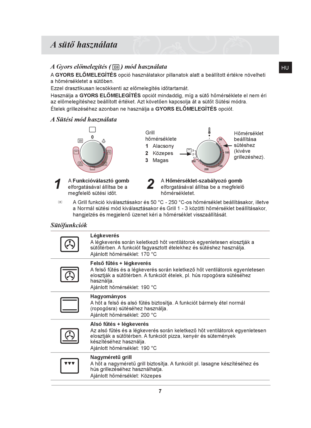 Samsung BF641FGB/XEH, BF641FGB/BOL, BF641FSTP/XEH manual Sütő használata, Sütési mód használata, Sütőfunkciók 