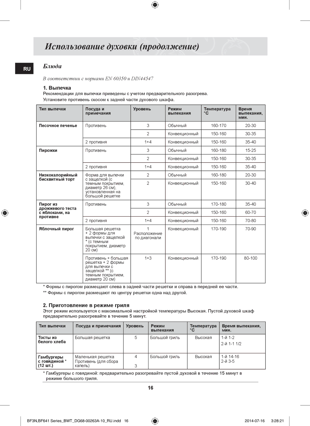 Samsung BF3N3W013/BWT, BF641FGB/BWT Использование духовки продолжение, RU Блюда, Выпечка, Приготовление в режиме гриля 