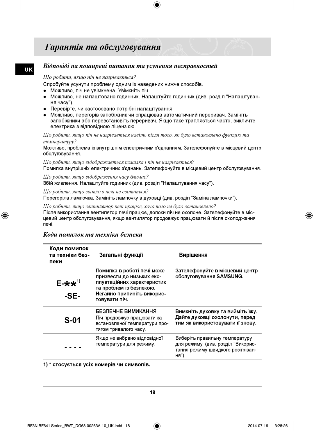 Samsung BF641FST/BWT, BF641FGB/BWT Гарантія та обслуговування, Відповіді на поширені питання та усунення несправностей 