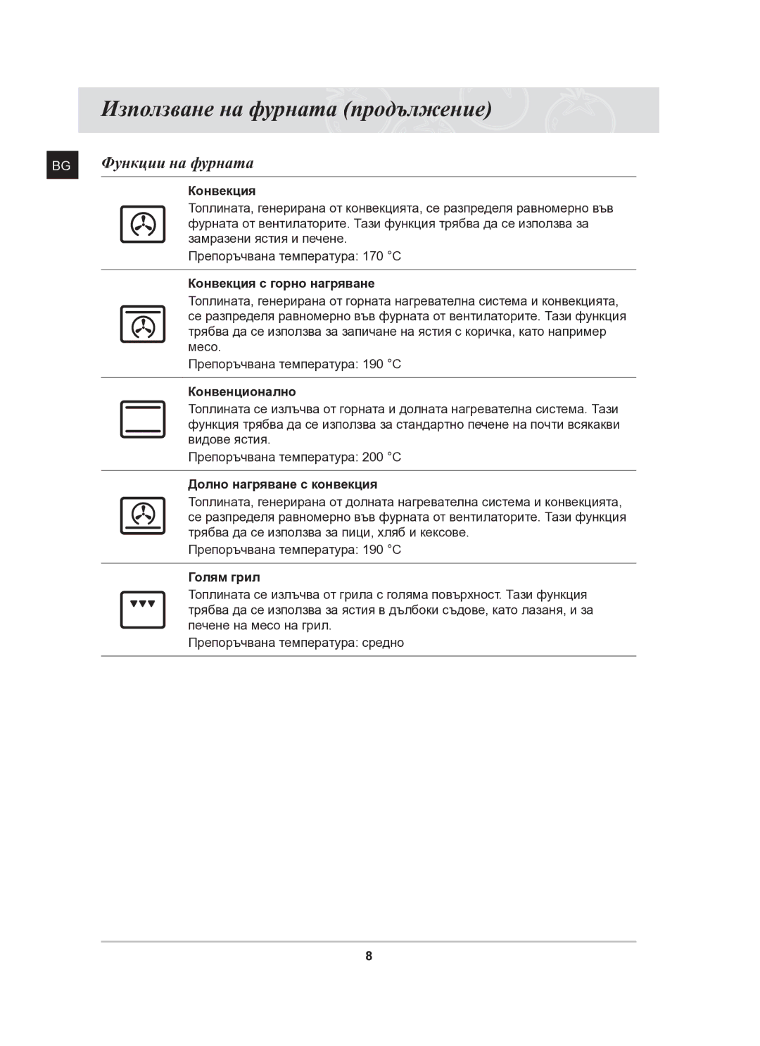 Samsung BF641FGB/BWT, BF641FGB/BOL manual Използване на фурната продължение, Функции на фурната 