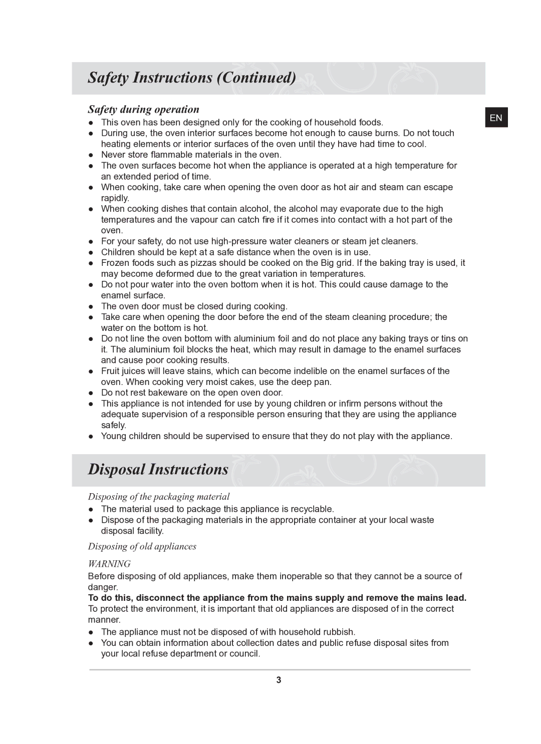 Samsung BF641FGB/BOL, BF641FGB/BWT manual Disposal Instructions, Safety during operation 