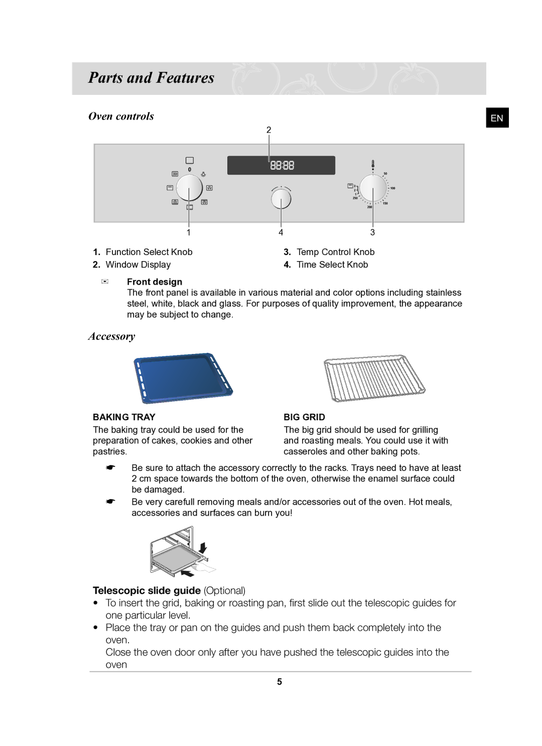 Samsung BF641FGB/BOL, BF641FGB/BWT manual Parts and Features, Oven controls, Accessory 