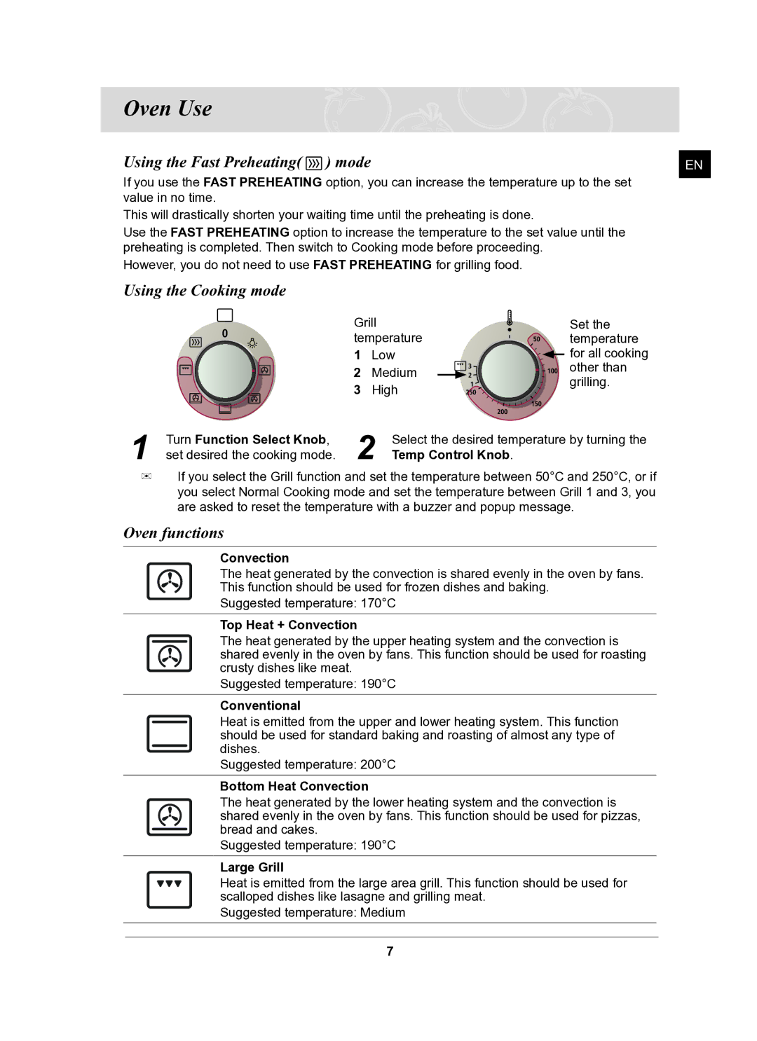 Samsung BF641FGB/BOL, BF641FGB/BWT manual Oven Use, Using the Cooking mode, Oven functions 