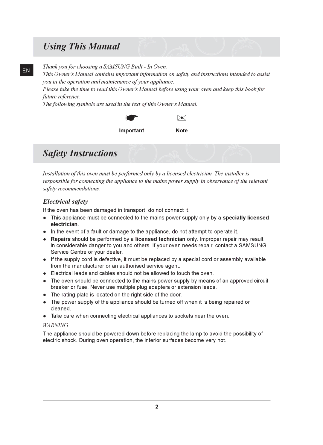 Samsung BF641FST/BOL, BF641FST/XEH manual Using This Manual, Safety Instructions, Electrical safety, ImportantNote 