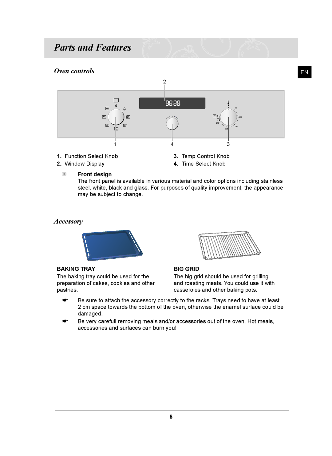 Samsung BF641FST/XEH, BF641FST/BOL manual Parts and Features, Oven controls, Accessory 